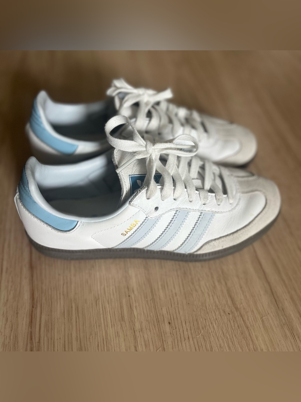 adidas White and Light Blue Samba Sneakers